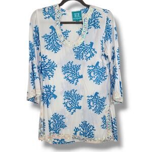 Escapada White Turquoise Tunic Beaded Coastal Boho XS Cruise